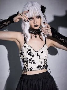 ROMWE Goth 印花繫帶吊帶上衣 - 白色 - 查看 2