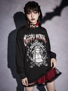 ROMWE Goth Letter Figure Graphic Drop Shoulder Sweatshirt - Black - View 1