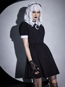 ROMWE Goth Moon Embroidery Contrast Collar Puff Sleeve Dress - Black - View 1