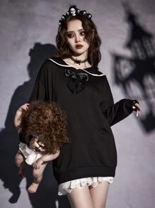 ROMWE Goth Sailor Collar Bow Front Sweatshirt - Black - View 6