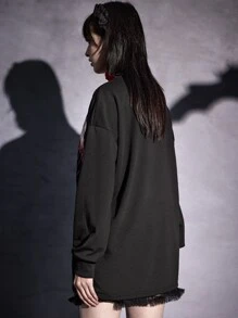ROMWE Goth Letter Figure Graphic Drop Shoulder Sweatshirt - Black - View 3