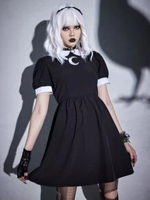 ROMWE Goth Moon Embroidery Contrast Collar Puff Sleeve Dress - Black - View 2