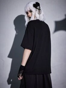 ROMWE Goth Áo thun nữ Con số Slogan Giải trí - màu đen - Xem 7