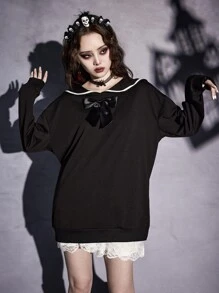 ROMWE Goth Sailor Collar Bow Front Sweatshirt - Black - View 2
