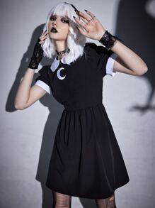 ROMWE Goth Moon Embroidery Contrast Collar Puff Sleeve Dress - Black - View 3