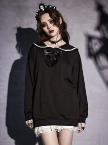 ROMWE Goth Sailor Collar Bow Front Sweatshirt - Black - View 3