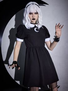 ROMWE Goth Moon Embroidery Contrast Collar Puff Sleeve Dress - Black - View 4