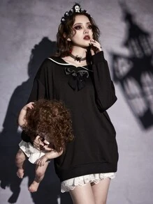 ROMWE Goth Sailor Collar Bow Front Sweatshirt - Black - View 4