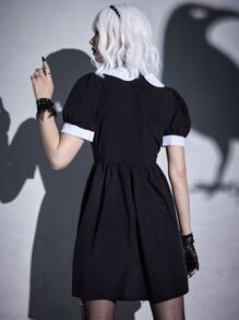 ROMWE Goth Moon Embroidery Contrast Collar Puff Sleeve Dress - Black - View 5