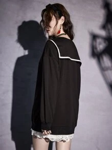 ROMWE Goth Sailor Collar Bow Front Sweatshirt - Black - View 5