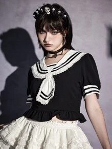 ROMWE Sailor Collar Striped Print Ruffle Hem Blouse - Black - View 1