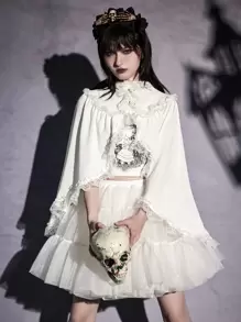 ROMWE Goth Contrast Lace Frill Trim Cape Coat - White - View 1
