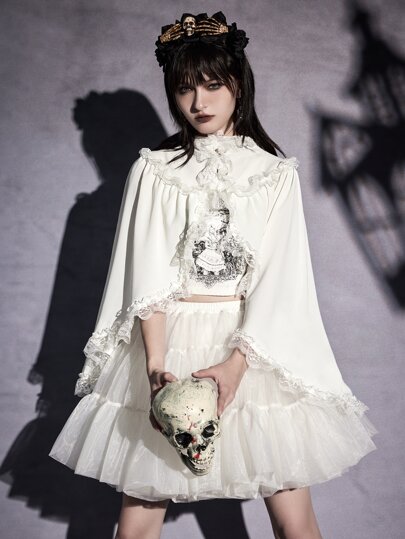Goth Contrast Lace Frill Trim Cape Coat
