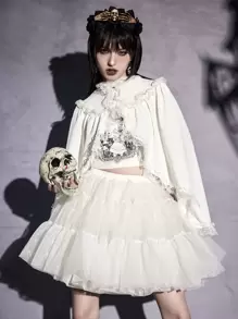 ROMWE Goth Contrast Lace Frill Trim Cape Coat - White - View 2