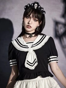 ROMWE Sailor Collar Striped Print Ruffle Hem Blouse - Black - View 3