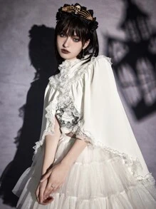 ROMWE Goth Contrast Lace Frill Trim Cape Coat - White - View 3