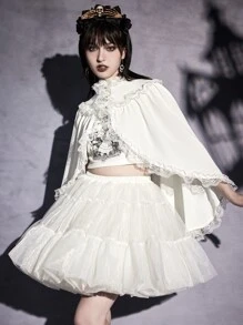 ROMWE Goth Contrast Lace Frill Trim Cape Coat - White - View 4