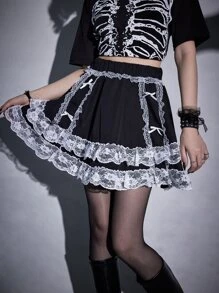 ROMWE Goth 蕾絲拼接半身裙 - 黑色 - 查看 2