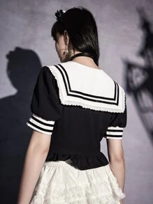 ROMWE Sailor Collar Striped Print Ruffle Hem Blouse - Black - View 5