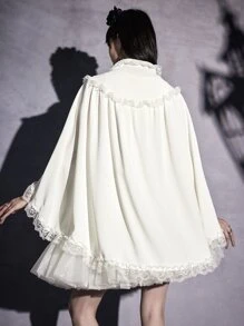 ROMWE Goth Contrast Lace Frill Trim Cape Coat - White - View 6