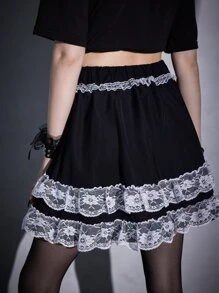 ROMWE Goth 蕾絲拼接半身裙 - 黑色 - 查看 6