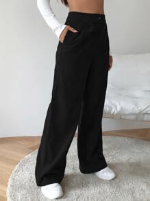 EURMUSE 斜口袋燈芯絨闊腿褲 - 黑色 - 查看 3