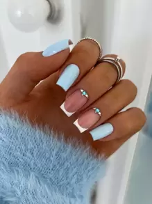 Transforme sus uñas con 24 piezas de uñas postizas de decoración de diamantes de imitación franceses sólidos azul cielo cuadrados largos y 1 hoja de cinta y 1 lima de uñas - Multicolor - Ver 1