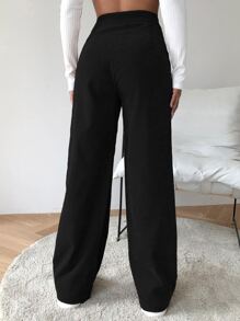 EURMUSE 斜口袋燈芯絨闊腿褲 - 黑色 - 查看 4