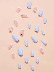 Transforme sus uñas con 24 piezas de uñas postizas de decoración de diamantes de imitación franceses sólidos azul cielo cuadrados largos y 1 hoja de cinta y 1 lima de uñas - Multicolor - Ver 2