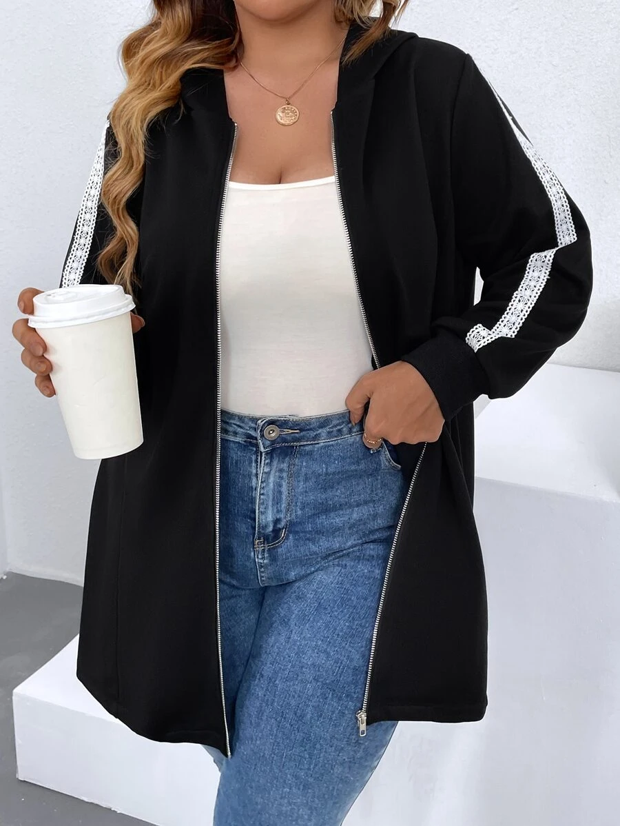 SHEIN LUNE Plus Contrast Tape Side Zip Up Hooded Coat - Black - View 1