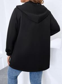 SHEIN LUNE Plus Contrast Tape Side Zip Up Hooded Coat - Black - View 2