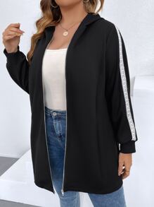 SHEIN LUNE Plus Contrast Tape Side Zip Up Hooded Coat - Black - View 4