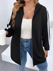 SHEIN LUNE Plus Contrast Tape Side Zip Up Hooded Coat - Black - View 5