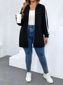 SHEIN LUNE Plus Contrast Tape Side Zip Up Hooded Coat - Black - View 6
