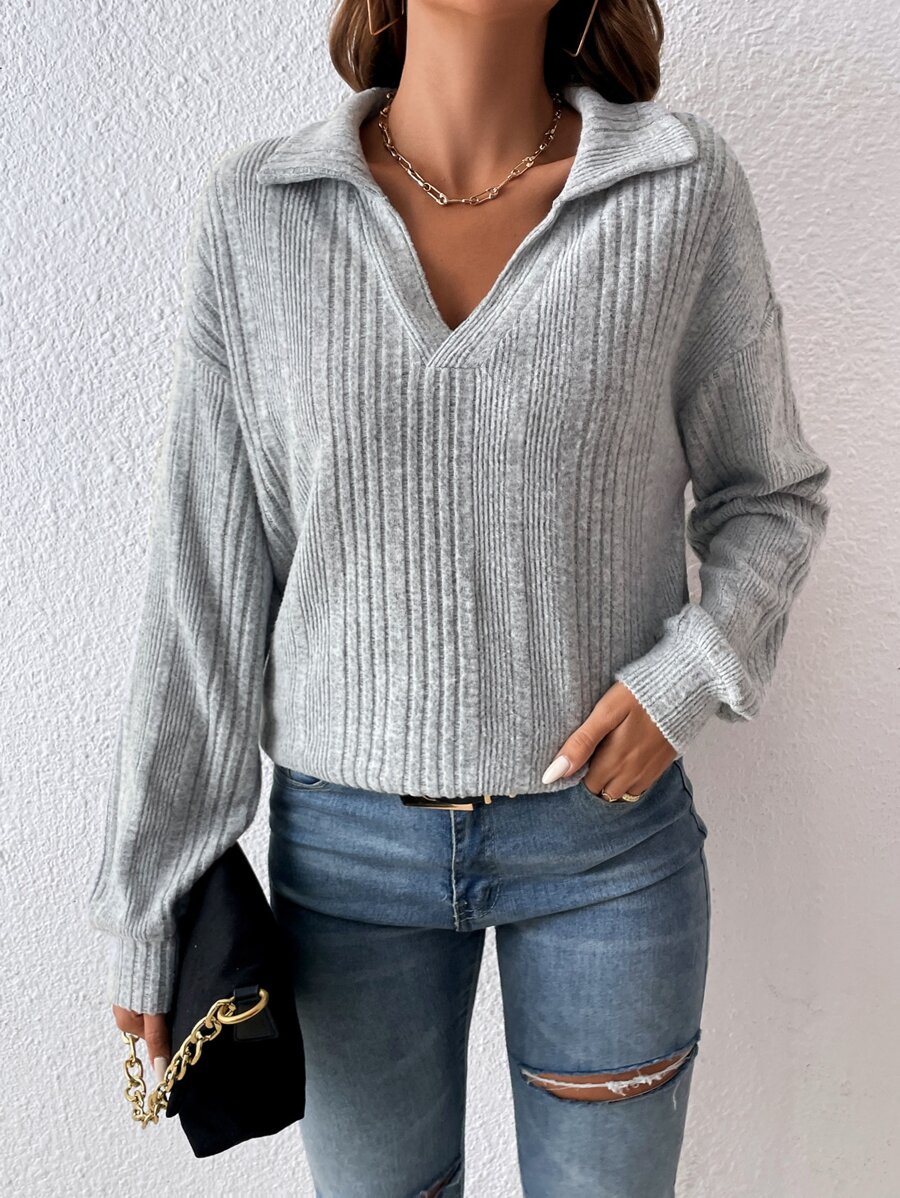SHEIN Frenchy Drop Shoulder Ribbed Knit Sweatshirt - Grey - View 1