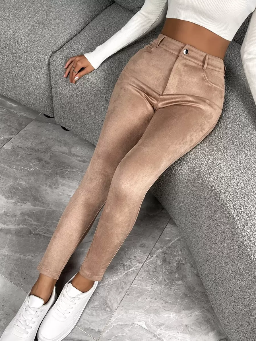 SHEIN Essnce Pantalones ajustados con cremallera - Caqui - Ver 1