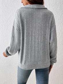 SHEIN Frenchy Drop Shoulder Ribbed Knit Sweatshirt - Grey - View 2