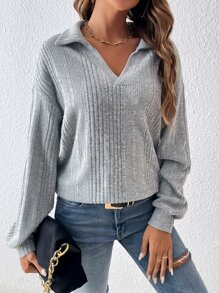 SHEIN Frenchy Drop Shoulder Ribbed Knit Sweatshirt - Grey - View 4