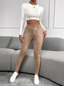 SHEIN Essnce Pantalones ajustados con cremallera - Caqui - Ver 4