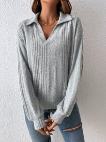 SHEIN Frenchy Drop Shoulder Ribbed Knit Sweatshirt - Grey - View 6