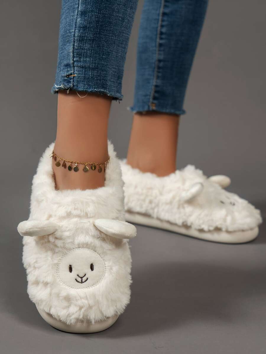 Fall/Winter Embroidered Detail Sheep Design Fuzzy Novelty Slippers - Beige - View 1