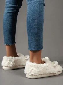 Fall/Winter Embroidered Detail Sheep Design Fuzzy Novelty Slippers - Beige - View 2