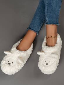 Fall/Winter Embroidered Detail Sheep Design Fuzzy Novelty Slippers - Beige - View 4