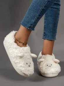 Fall/Winter Embroidered Detail Sheep Design Fuzzy Novelty Slippers - Beige - View 5
