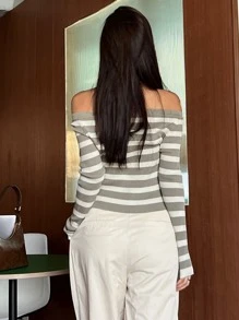 DAZY Striped Button Front Off Shoulder Cardigan - Grey - View 2