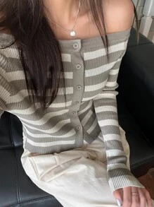 DAZY Striped Button Front Off Shoulder Cardigan - Grey - View 3