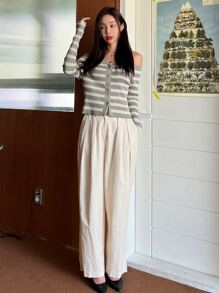 DAZY Striped Button Front Off Shoulder Cardigan - Grey - View 4