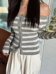 DAZY Striped Button Front Off Shoulder Cardigan - Grey - View 5
