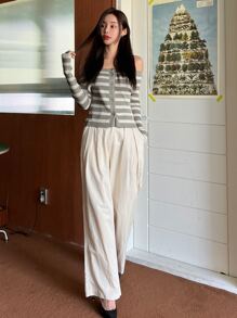 DAZY Striped Button Front Off Shoulder Cardigan - Grey - View 8