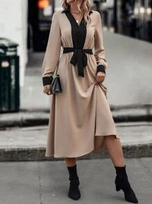 SHEIN Unity Colourblock Belted Dress - Apricot - View 2